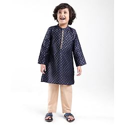 Babyhug Woven Full Sleeves Foil Printed Kurta Pyjama Set - Navy Blue