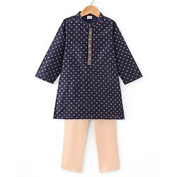 Babyhug Woven Full Sleeves Foil Printed Kurta Pyjama Set - Navy Blue
