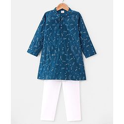 Babyhug Woven Full Sleeves Mirror Embroidered Kurta Payjama Set-Teal Blue