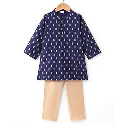 Babyhug Woven Full Sleeves Floral Embroide Kurta Payjama Set - Navy Blue