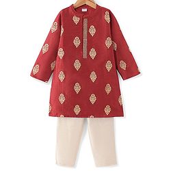 Babyhug Woven Full Sleeves Kurta & Pyjama Set With Zari Embroidery - Red