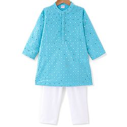 Babyhug Woven Full Sleeves Kurta & Pyjama Set With Zari Embroidered & Mirror Work - Blue & White