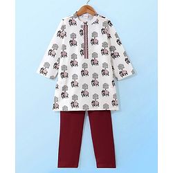 Babyhug 100% Cotton Woven Full Sleeves Elephant Printed Kurta Pyjama Set-White