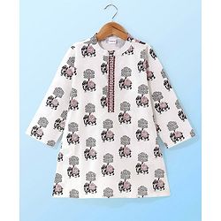 Babyhug 100% Cotton Woven Full Sleeves Elephant Printed Kurta Pyjama Set-White