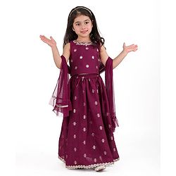 Babyhug Woven  Sleeveless Chanderi Butti Floral Emboirdered Choli Lehenga with Dupatta Set - Wine