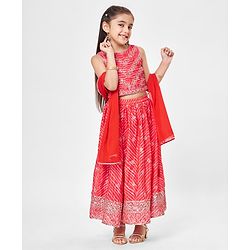 Babyhug Chiffon Woven Sleeveless Sequined and Embroidered Choli and Lehenga with Dupatta - Coral