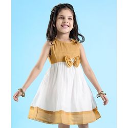 Babyhug Woven Sleeveless Gold Border Ethnic Dress With Bow Applique - White & Golden