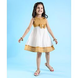 Babyhug Woven Sleeveless Gold Border Ethnic Dress With Bow Applique - White & Golden