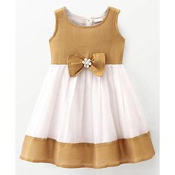Babyhug Woven Sleeveless Gold Border Ethnic Dress With Bow Applique - White & Golden