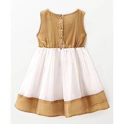 Babyhug Woven Sleeveless Gold Border Ethnic Dress With Bow Applique - White & Golden