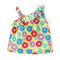 Babyhug Cotton Knit One Shoulder Sleeves Top with Frill Detailing Floral Print - Yellow