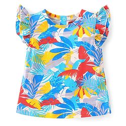 Babyhug 100% Cotton Knit Frill Sleeves Top with Leafy Print & Frill Detailing - Multicolour