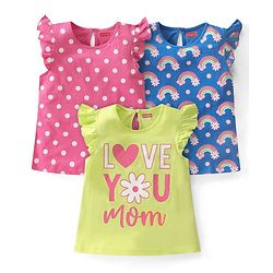 Babyhug Cotton Knit Sleeveless Top with Frill Detailing Polka Dot Graphic Pack of 3 - Pink Blue & Green