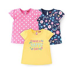 Babyhug Cotton Half Sleeves T-Shirts With Floral & Polka Dot Graphics Pack of 3 - Multicolor