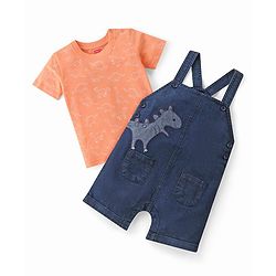 Babyhug Single Jersey Woven Dino Patch Dungaree & Half Sleeves T-Shirt - Peach & Blue