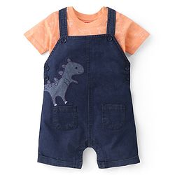 Babyhug Single Jersey Woven Dino Patch Dungaree & Half Sleeves T-Shirt - Peach & Blue