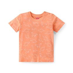 Babyhug Single Jersey Woven Dino Patch Dungaree & Half Sleeves T-Shirt - Peach & Blue