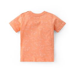 Babyhug Single Jersey Woven Dino Patch Dungaree & Half Sleeves T-Shirt - Peach & Blue