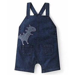 Babyhug Single Jersey Woven Dino Patch Dungaree & Half Sleeves T-Shirt - Peach & Blue