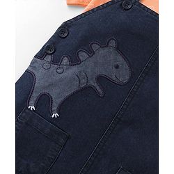 Babyhug Single Jersey Woven Dino Patch Dungaree & Half Sleeves T-Shirt - Peach & Blue