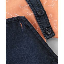 Babyhug Single Jersey Woven Dino Patch Dungaree & Half Sleeves T-Shirt - Peach & Blue