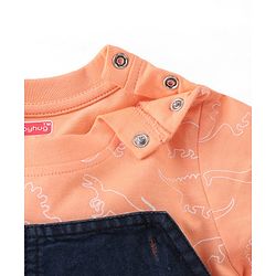 Babyhug Single Jersey Woven Dino Patch Dungaree & Half Sleeves T-Shirt - Peach & Blue