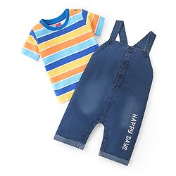 Babyhug Single Jersey Woven Dungaree with  Half Sleeves Striped T-Shirt - Multicolour