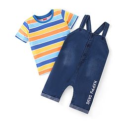 Babyhug Single Jersey Woven Dungaree with  Half Sleeves Striped T-Shirt - Multicolour
