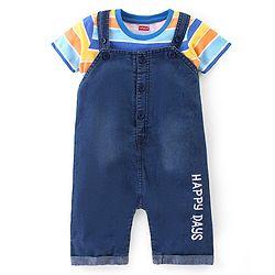 Babyhug Single Jersey Woven Dungaree with  Half Sleeves Striped T-Shirt - Multicolour