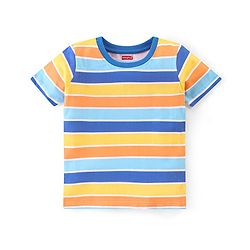 Babyhug Single Jersey Woven Dungaree with  Half Sleeves Striped T-Shirt - Multicolour