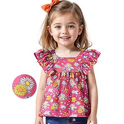 Babyhug Cotton Knit Frill Sleeves Floral Printed Cropped Top - Pink