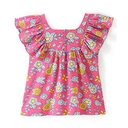 Babyhug Cotton Knit Frill Sleeves Floral Printed Cropped Top - Pink