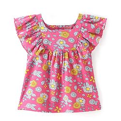 Babyhug Cotton Knit Frill Sleeves Floral Printed Cropped Top - Pink