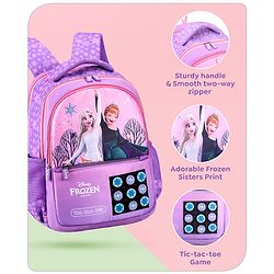 Babyhug Disney Frozen Tic-Tac-Toe School Backpack|2 Main Compartments, 2 Front Pockets, 2 side Bottle Pockets|Water Resistant|Long lasting and Durable Zippers | Comfortable back cushioning | For School, Travel and Outdoors|Lavender- 15.8 inches