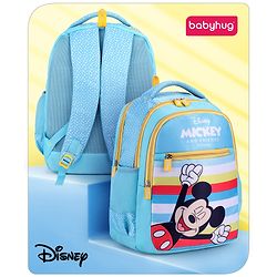 Babyhug Disney Mickey Mouse School Backpack|2 Main Compartments, 2 Front Pockets, 2 side Bottle Pockets|Water Resistant|Long lasting and Durable Zippers | Comfortable back cushioning | For School, Travel and Outdoors|Blue- 15.8 inches