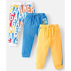 Babyhug Cotton Knit Full Length Track Pant Basketball Print Pack of 3 - Blue Yellow & White