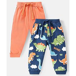 Babyhug Cotton Knit Full Length Track Pants Solid & Dino Print  Pack of 2 - Multicolor