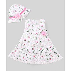 Babyhug 100% Cotton Woven Sleeveless Frock With Cap Floral Print - Pink