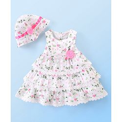 Babyhug 100% Cotton Woven Sleeveless Frock With Cap Floral Print - Pink