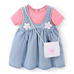 Babyhug 100% Cotton Denim Woven Frock & Knit Half Sleeves Inner T-Shirt with Hand Bag - Blue & Pink