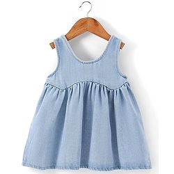Babyhug 100% Cotton Denim Woven Frock & Knit Half Sleeves Inner T-Shirt with Hand Bag - Blue & Pink