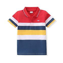 Babyhug Cotton Knit Half Sleeves Striped with Logo Embroidery Polo T-Shirt Red & Navy