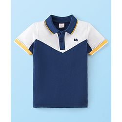 Babyhug 100% Cotton Knit Half Sleeves Polo T-Shirt Cut & Sew Design with Embroidery Detailing - White & Navy Blue