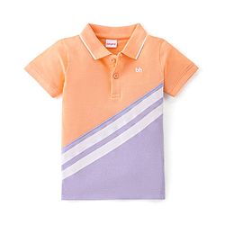 Babyhug 100% Cotton Knit Half Sleeves Cut & Sew Polo T-Shirt With Embroidery Detailing - Peach & Purple