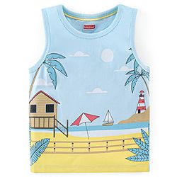 Babyhug Cotton Sleeveless T-Shirt With Beach Graphics - Blue