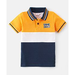 Babyhug 100% Cotton Knit Half Sleeves Polo T-Shirt Cut & Sew Design with Text Graphics - Yellow White & Blue