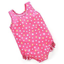 Babyhug Sleeveless V Cut Swimsuit Frill Design & Star Print - Pink