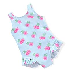 Babyhug Sleeveless V Cut Swimsuit Frill Design & Floral Print - Blue
