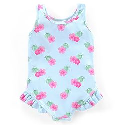 Babyhug Sleeveless V Cut Swimsuit Frill Design & Floral Print - Blue