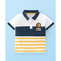 Babyhug Cotton Half Sleeves Striped Polo T-Shirt With Baskketball Applique - Multicolor